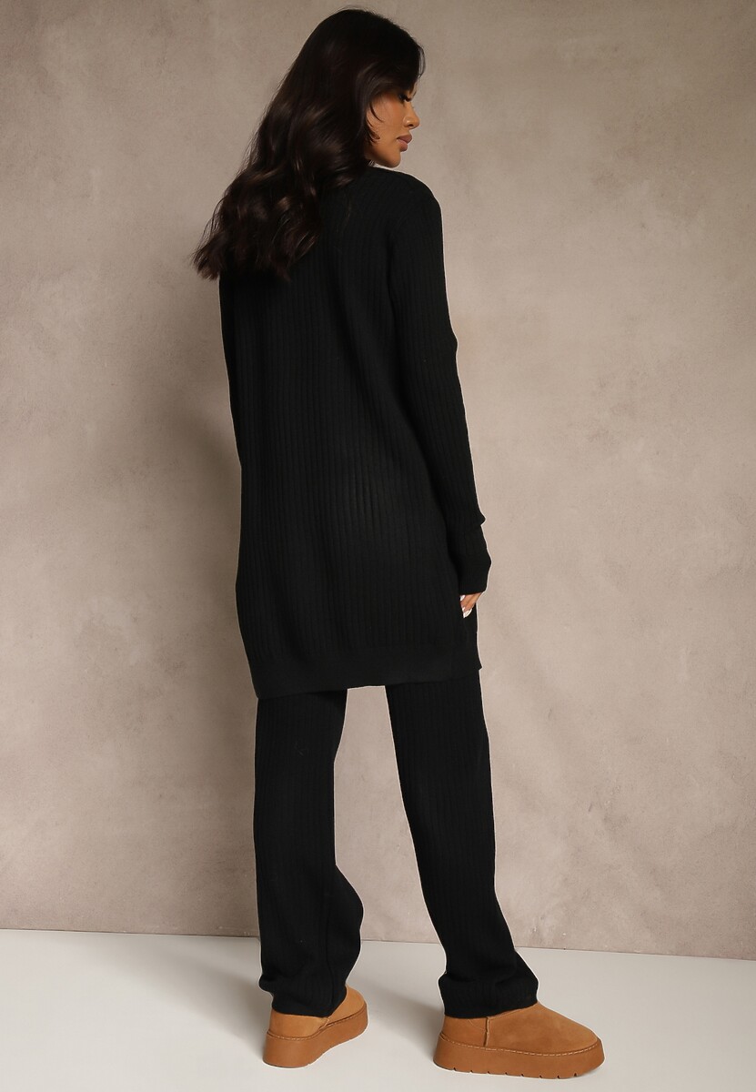 Czarny Komplet z Dzianiny z Bawełną Spodnie Kamizelka i Długi Kardigan Mevalinia