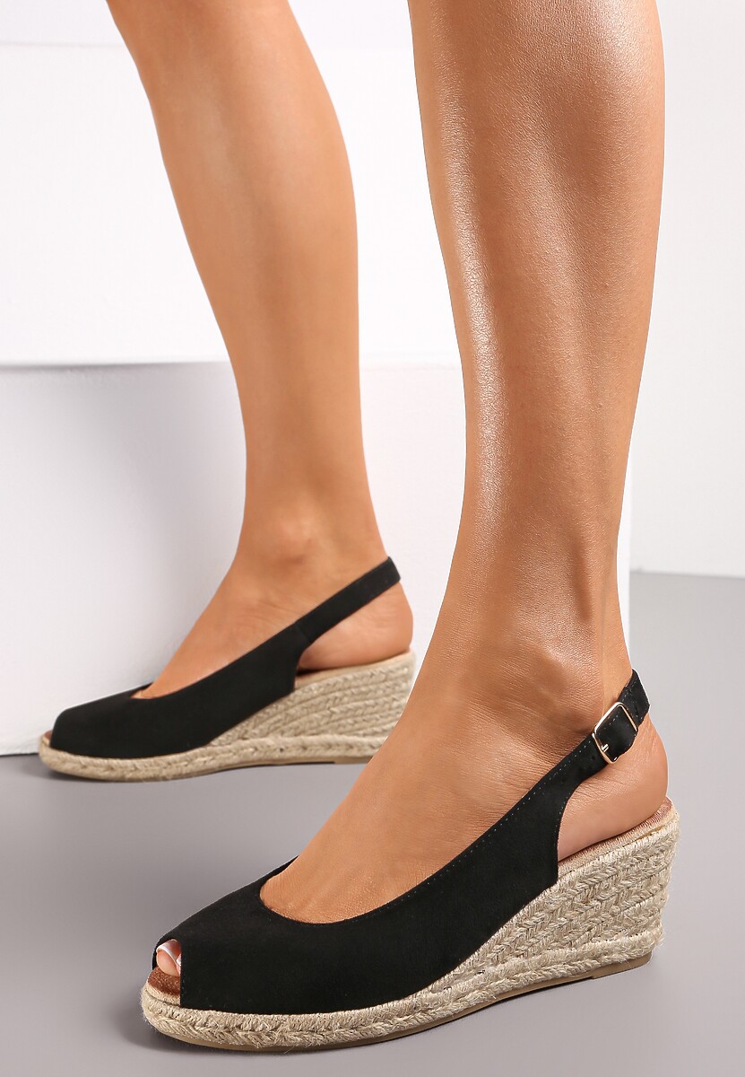 Czarne Sandały na Plecionej Koturnie Evetra