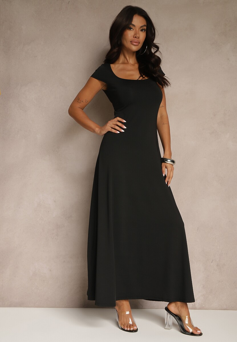 Czerwona Rozkloszowana Sukienka z Wiskozą z Kwadratowym Dekoltem Nalorina