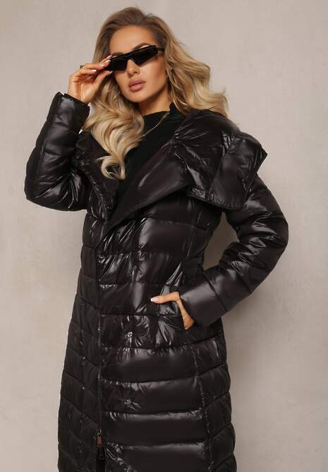 Czarna Długa Kurtka Pikowana Płaszcz z Szerokim Kołnierzem Mizii