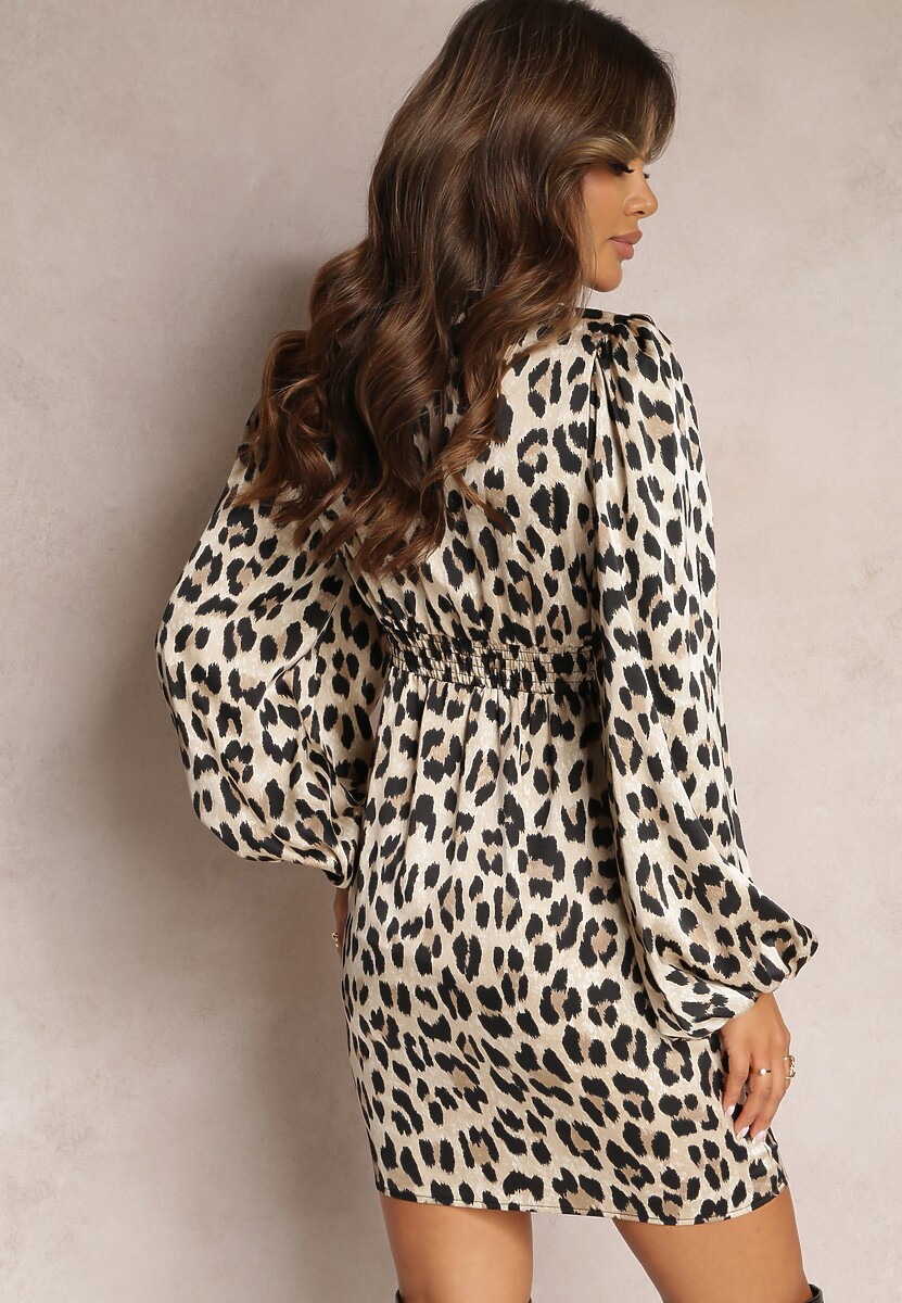 Beżowa Taliowana Sukienka Mini w Panterkę Amiffesa