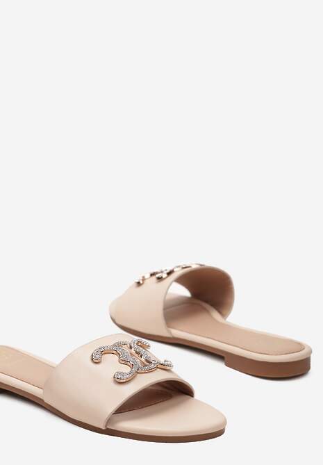 Beżowe Klapki z Płaską Podeszwą i Ozdobną Klamrą z Cyrkoniami Flotills