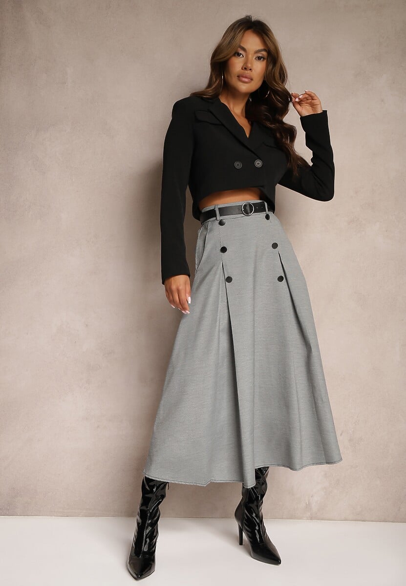 Szaro-Czarna Spódnica o Rozkloszowanym Kroju High Waist z Guzikami Paskiem i Gumką w Talii Verianne