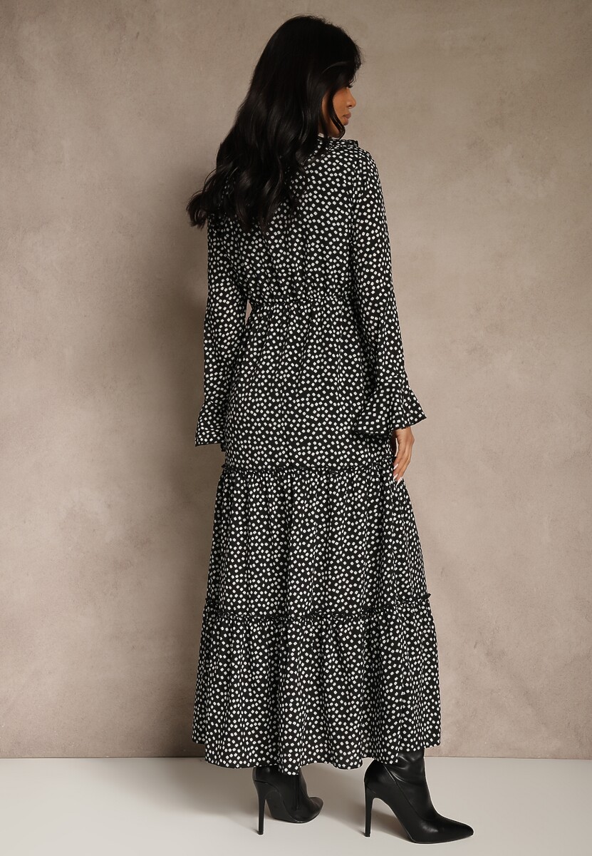 Czarna Sukienka VICES o Rozkloszowanym Fasonie z Falbankami Nevite