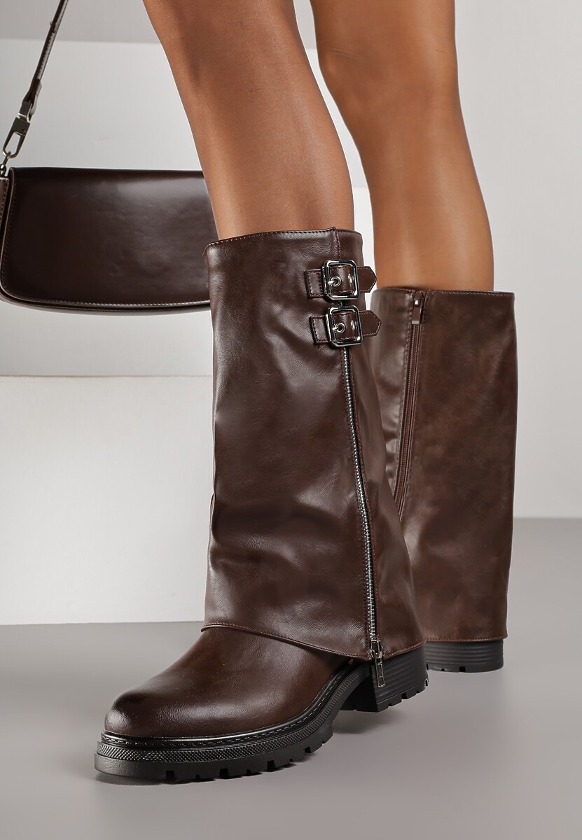 Brązowe Botki z Wywiniętą Cholewką Zdobioną Suwakiem i Sprzączkami Eevea