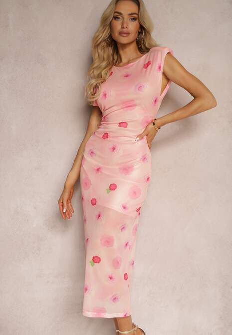 Różowa Sukienka w Kwiatowy Print z Siateczki o Dopasowanym Fasonie Woneria