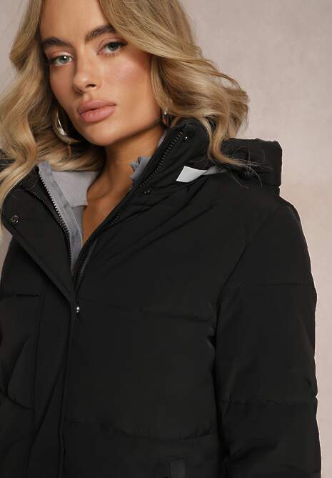 Czarna Pikowana Kurtka do Kolana z Odpinanym Kapturem Tolvina