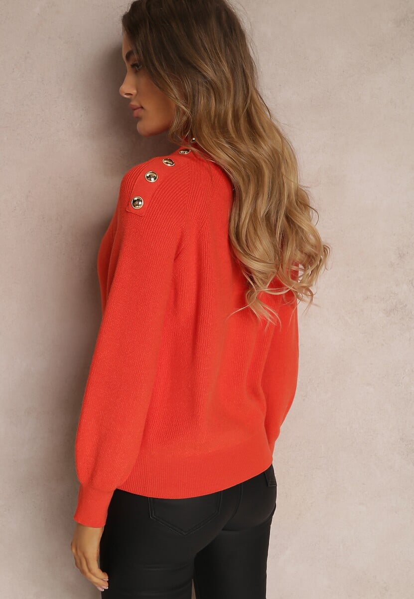 Pomarańczowy Sweter Dzianinowy z Długim Rękawem i Guzikami Kithi