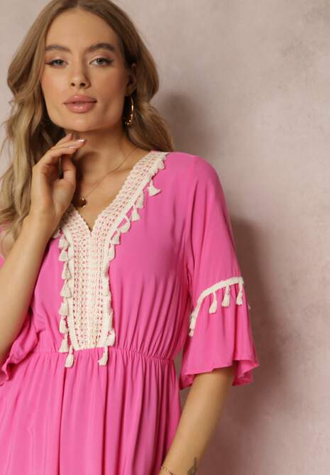 Fuksjowa Sukienka Maxi z Gumką w Talii z Ozdobnymi Chwostami z Wiskozy Zisel