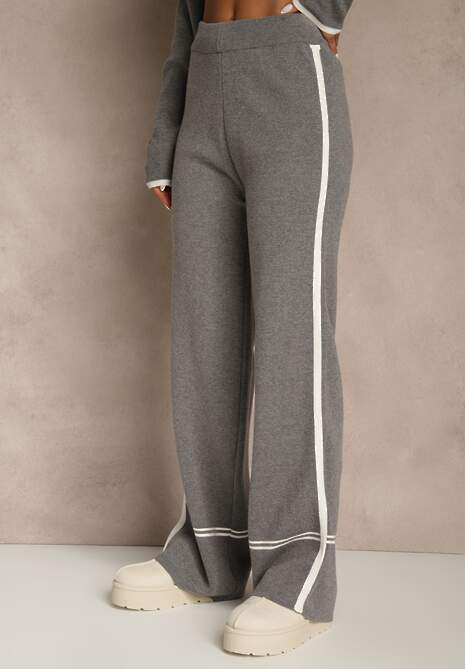 Szary Komplet Dzianinowy Sweter i Spodnie o Szerokim Kroju Ozdobione Lamówką Wedara