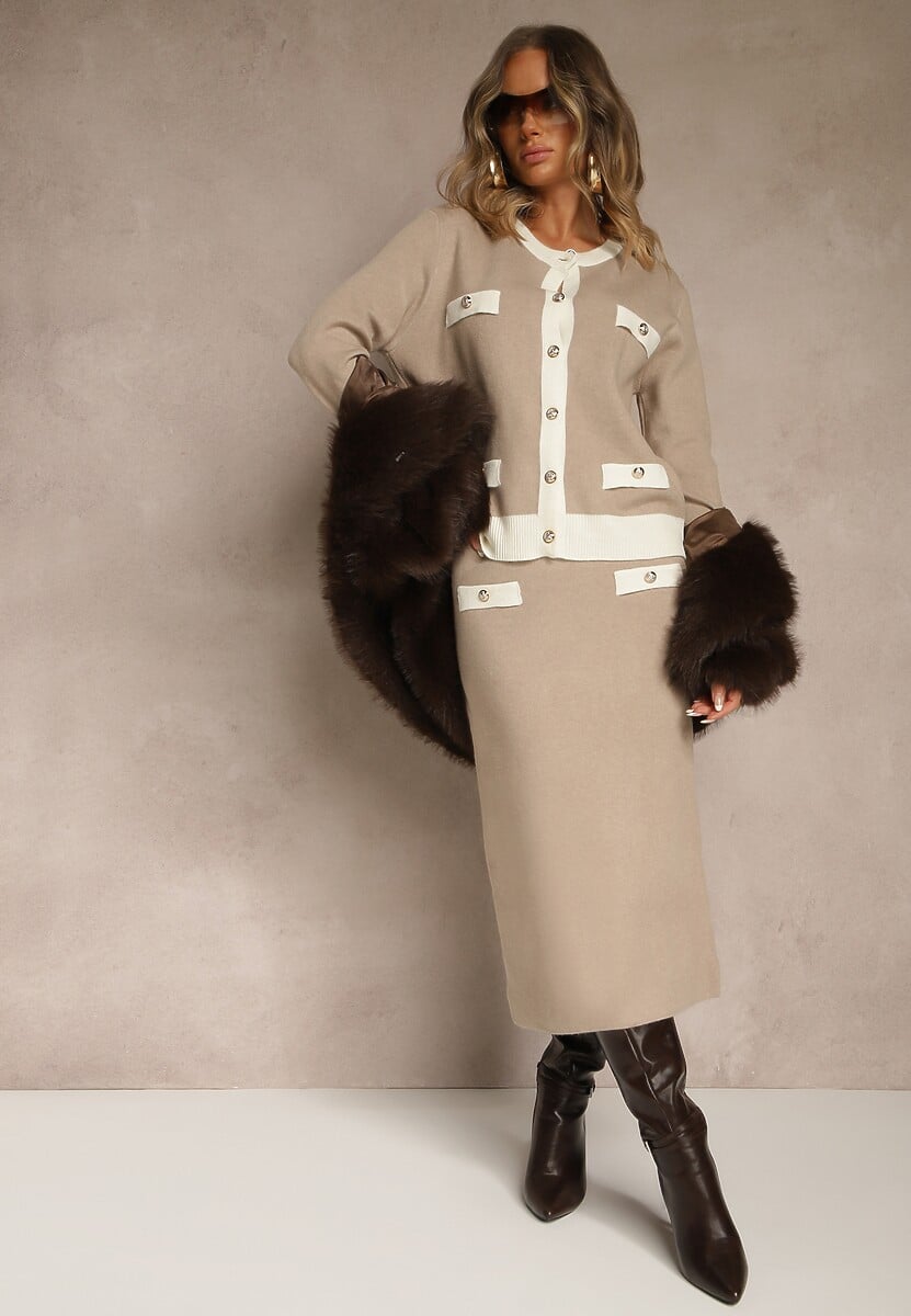 Beżowy Sweterkowy Komplet z Dzianiny z Bawełną Kardigan i Spódnica Derrive