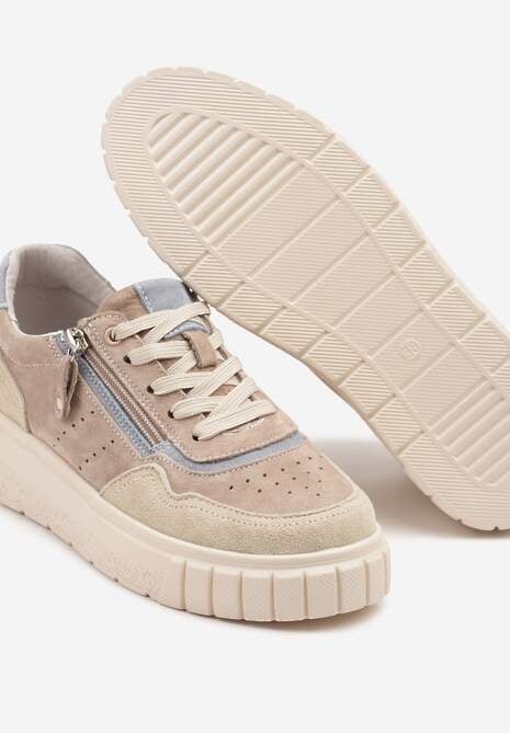 Ciemnobeżowe Sneakersy ze Skóry Naturalnej z Ozdobnym Suwakiem Tilliraya