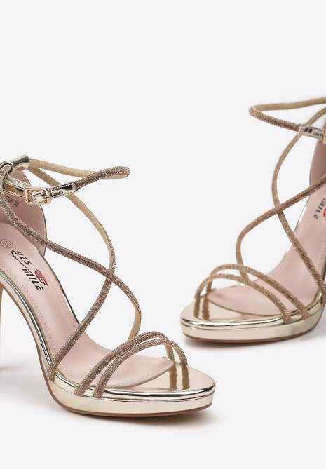 Złote Lakierowane Sandały na Szpilce z Cyrkoniami i Sprzączką Neberia