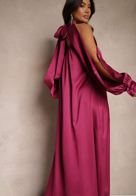 Fioletowa Koktajlowa Satynowa Sukienka z Odkrytymi Ramionami Tirreti