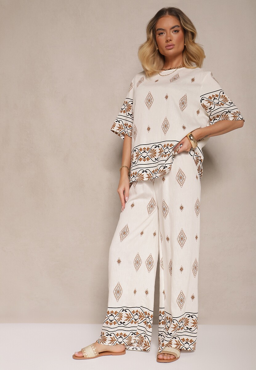 Beżowy Komplet w Stylu Boho Bluzka z Krótkim Rękawem i Luźne Spodnie Divorine