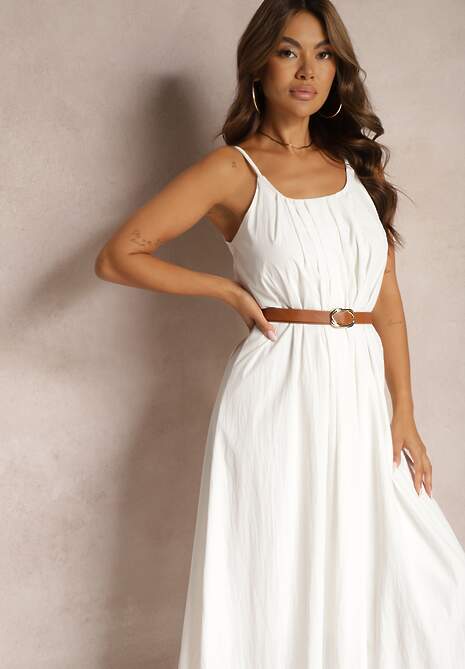 Biała Trapezowa Sukienka z Dodatkiem Bawełny na Ramiączkach Wykończona Sznurkiem Nerceria