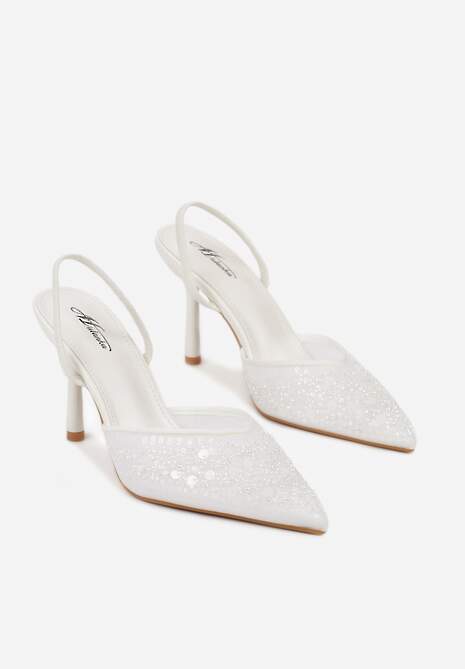 Białe Szpilki Slingback Zdobione Perełkami i Cekinami Irifera