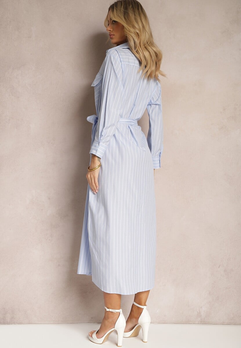 Niebieska Sukienka w Paski w Koszulowym Stylu z Paskiem i Długim Rękawem Desperse