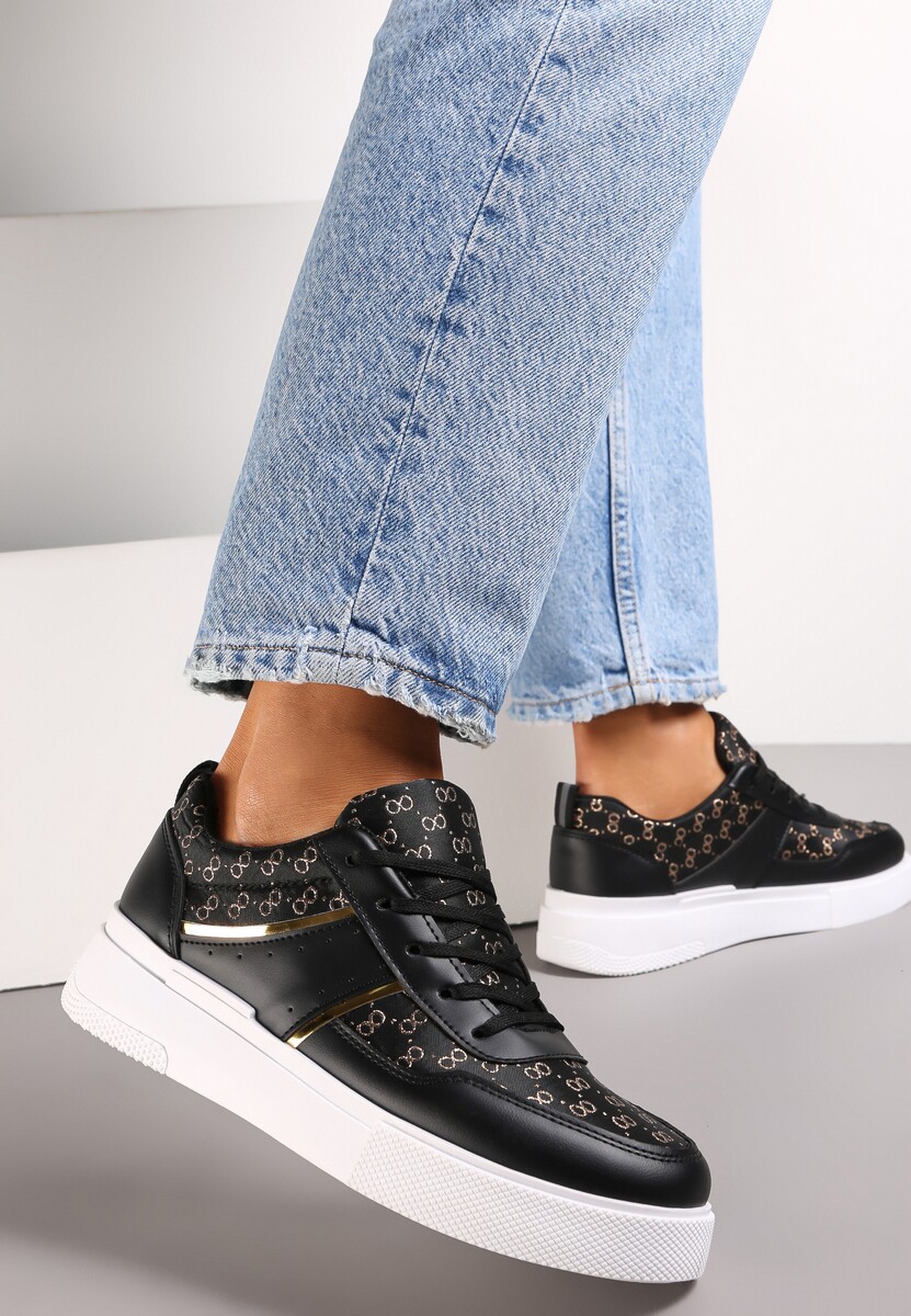 Czarne Sneakersy na Grubej Podeszwie z Wzorzystą Cholewką z Błyszczącą Nitką Jaile