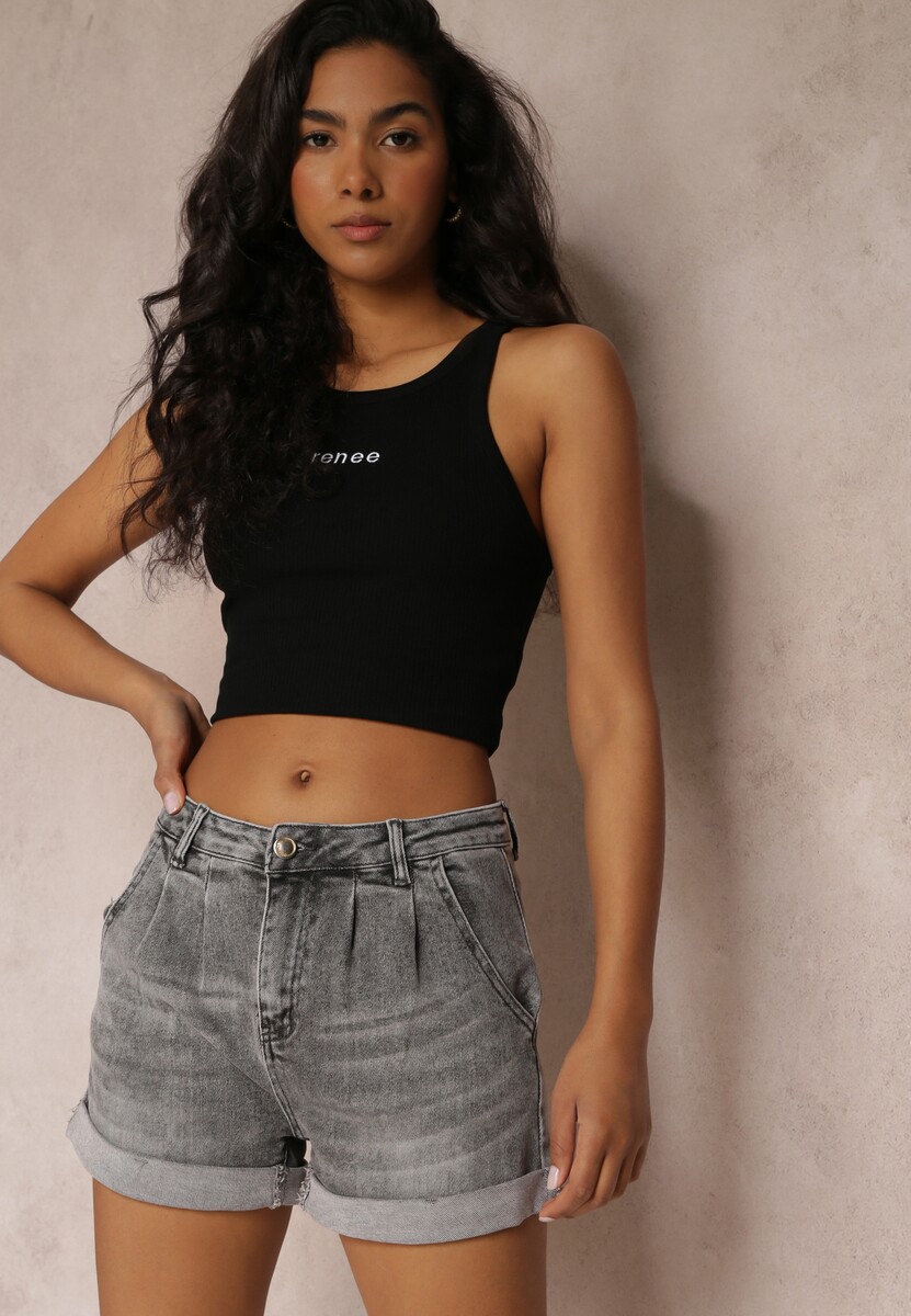 Szare Szorty z Jeansu z Modnymi Zakładkami Tenak