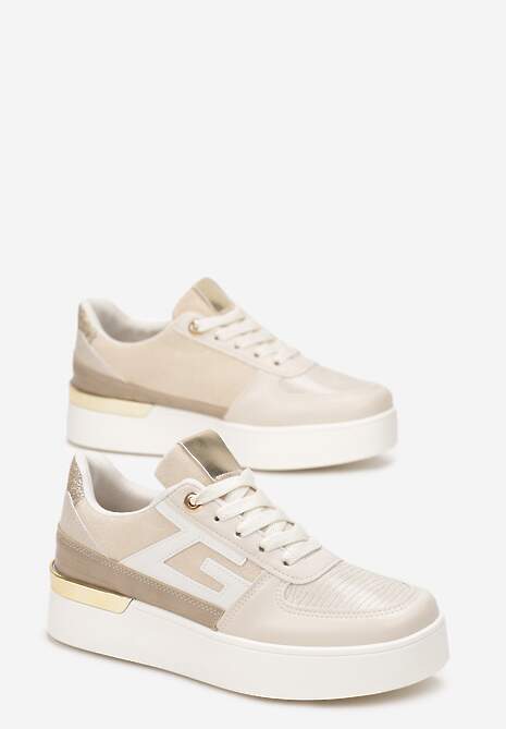 Beżowe Sznurowane Sneakersy na Grubej Podeszwie z Metaliczną Wstawką Faeline