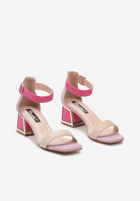Beżowo-Różowe Sandały z Metaliczną Wstawką na Słupku z Imitacji Zamszu Adlephia