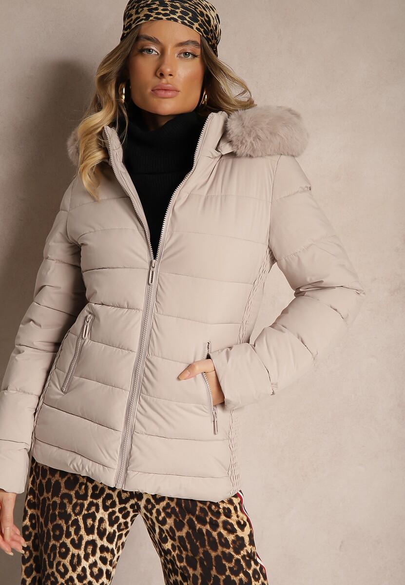 Ciemnobeżowa Taliowana Kurtka z Pikowanymi Przeszyciami z Kapturem z Futerkiem Loretina