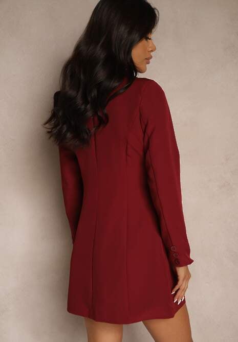 Bordowa Sukienka w Stylu Marynarki z Usztywnionymi Ramionami Ozdobiona Kwiatami 3D Nelorien