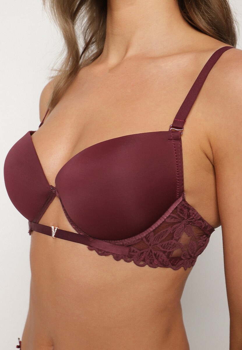Ciemnofioletowy Biustonosz Push-Up z Koronką i Wycięciem z Przodu Sariaris