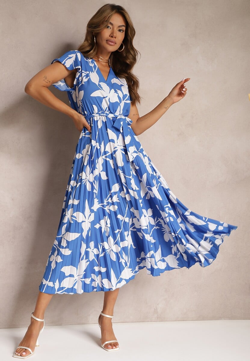 Czerwona Sukienka z Kopertowym Dekoltem Plisowanym Dołem Wykończona w Talii Paskiem i Gumką Elsavia