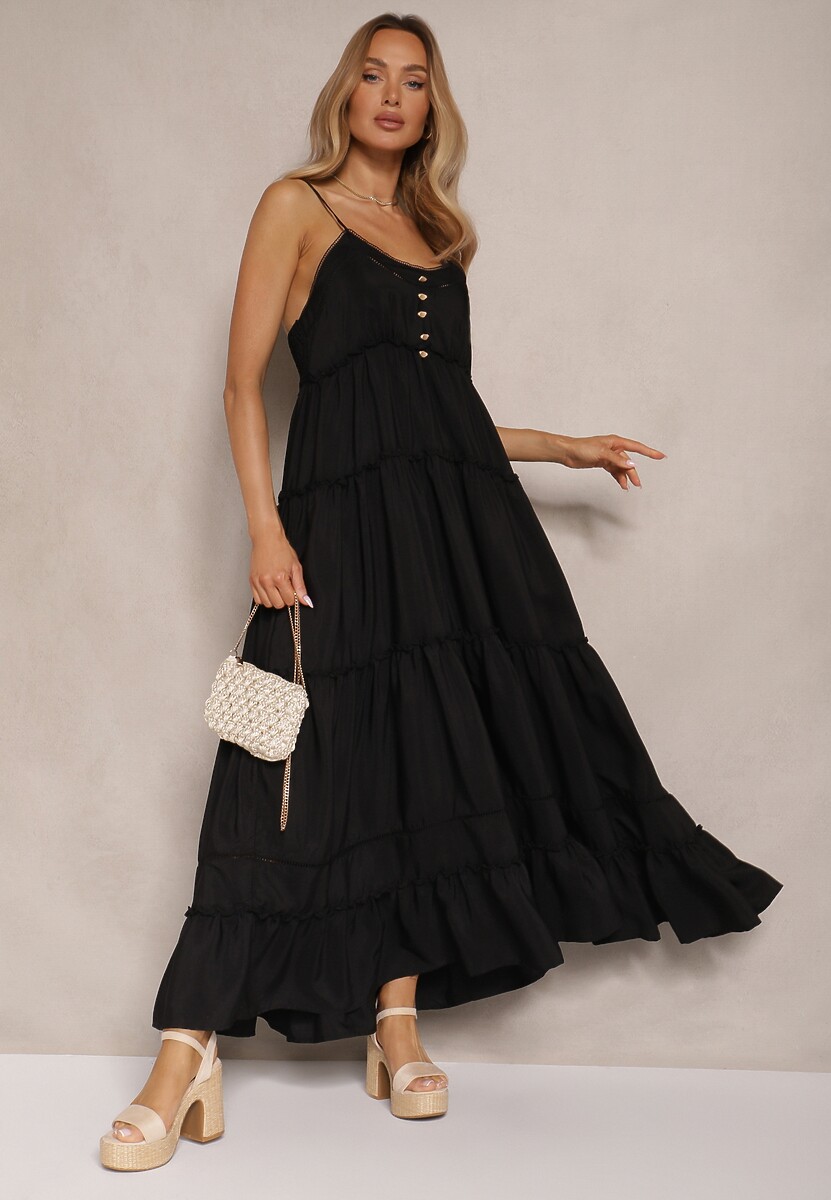 Czarna Rozkloszowana Sukienka na Cienkich Ramiączkach z Wiskozy i Bawełny Mimilia