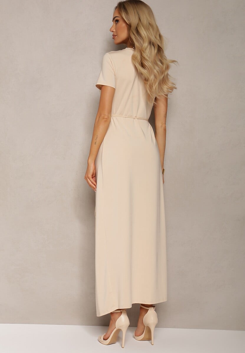 Beżowa Dopasowana Sukienka z Kopertowym Dołem i Cienkim Sznurkiem w Pasie Moeanna