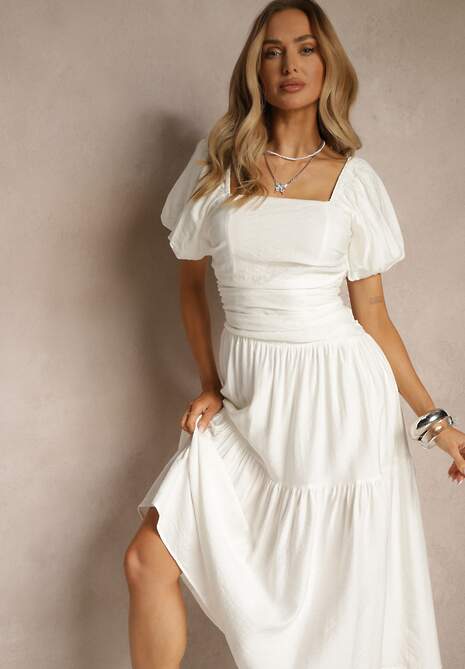 Biała Sukienka Wiskozowa Drapowana z Rozkloszowanym Dołem Naprine