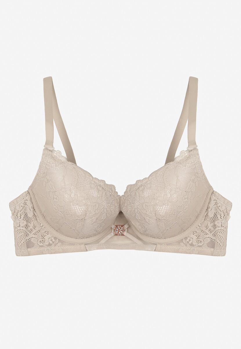 Szary Koronkowy Biustonosz Push-Up z Metaliczną Ozdobą Aclenne