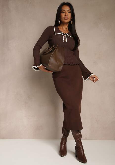 Brązowy Sweter Retro z Wiskozą Zdobiony Kołnierzykiem Falbankami i Guzikami Sirrise