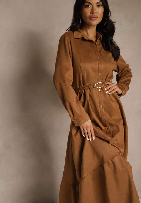 Brązowa Sukienka Koszulowa z Wiskozy Ozdobiona Paskiem Retelsa