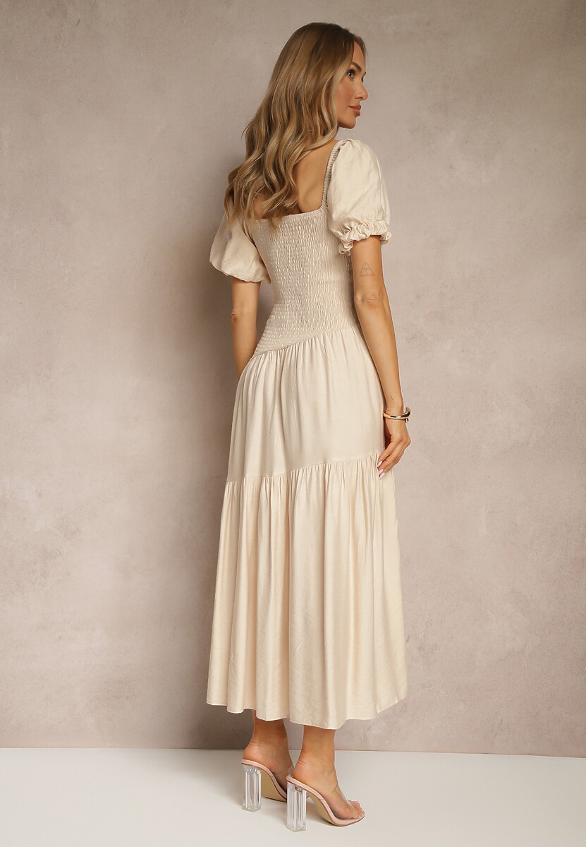 Beżowa Sukienka Wiskozowa Drapowana z Rozkloszowanym Dołem Naprine