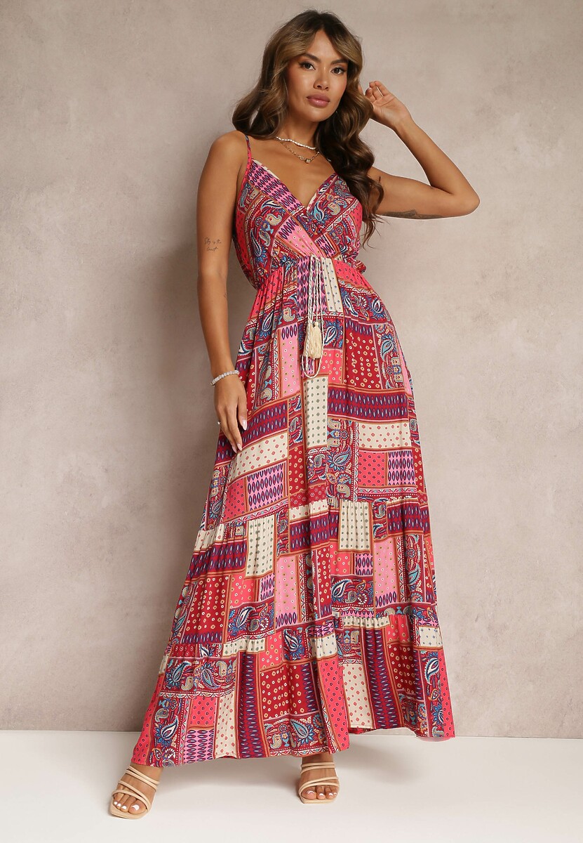 Bordowa Wiskozowa Sukienka o Kopertowym Kroju w Print Patchwork Grehan