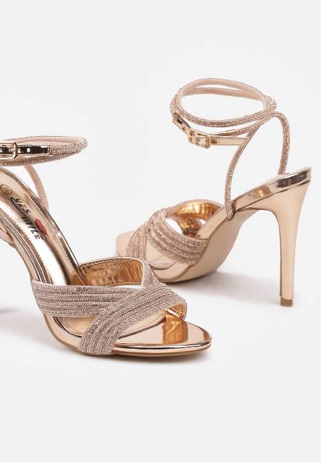 Szampańskie Sandały na Szpilce z Cyrkoniami i Paseczkiem Wokół Kostki Irivane