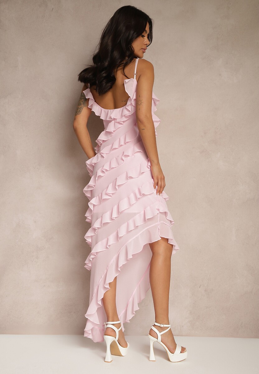 Różowa Sukienka z Falbankami o Asymetrycznym Kroju Linessiela