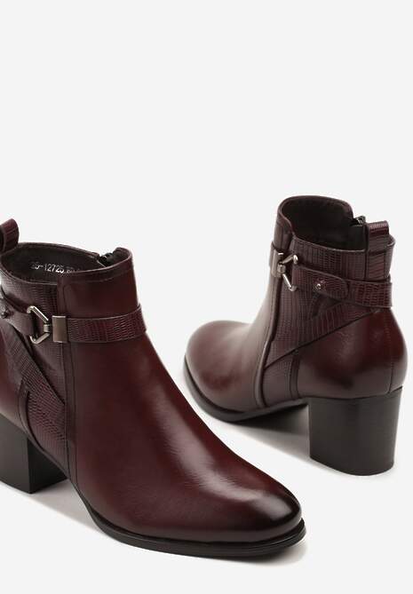 Bordowe Botki na Słupkowym Obcasie z Eleganckim Zdobieniem przy Cholewce Tulaneira