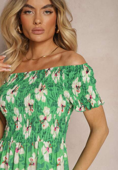 Zielona Rozkloszowana Sukienka Hiszpanka z Gumką w Talii w Kwiaty Nametris