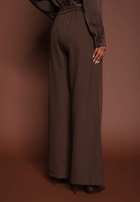 Brązowe Szerokie Spodnie Garniturowe Ozdobione Paskiem Cirrive