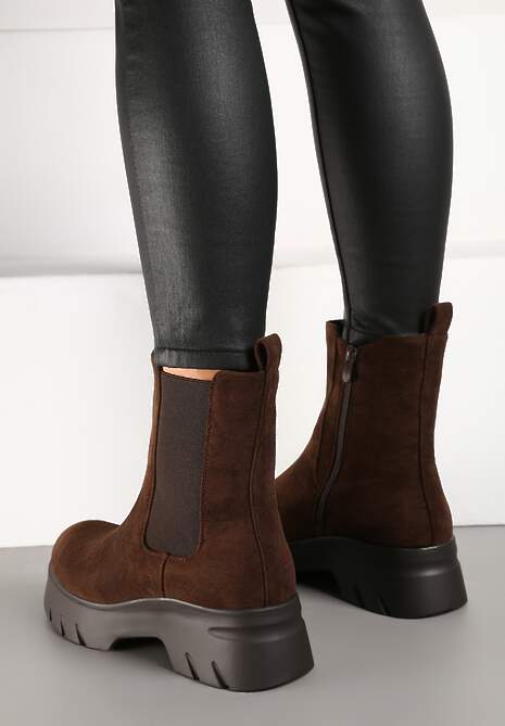 Brązowe Botki Sztyblety na Platformie z Elastyczną Cholewką Mavita