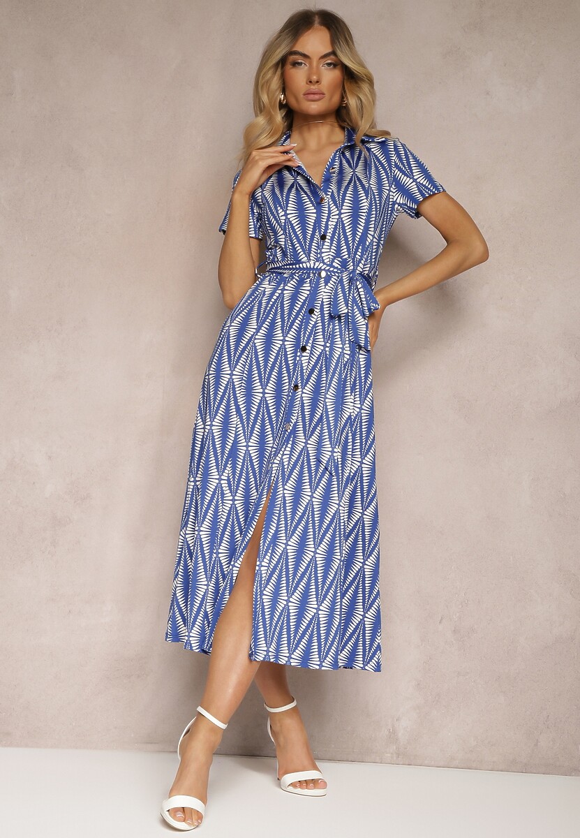 Beżowa Koszulowa Sukienka z Materiałowym Paskiem i Guzikami z Geometrycznym Printem Usklea