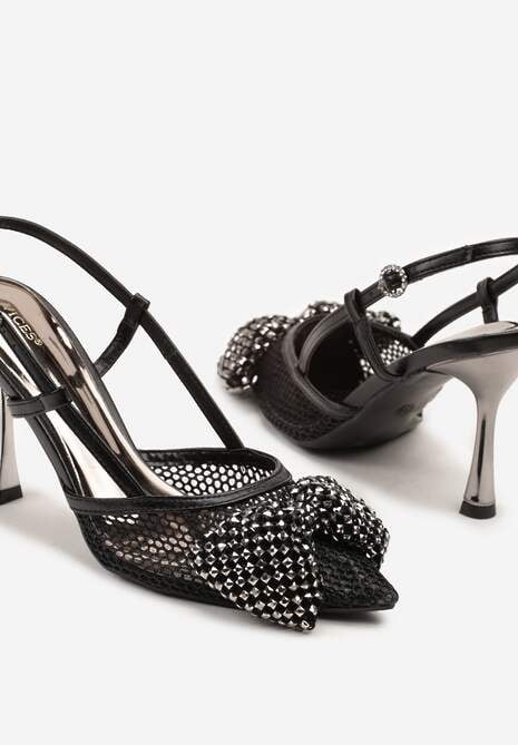 Czarne Sandały Siateczkowe Vices na Szpilce Zdobione Kokardą i Cekinami Reandra