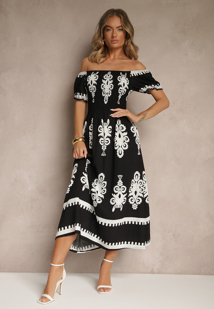 Czarna Sukienka Hiszpanka Ozdobiona Etnicznym Printem Aralette