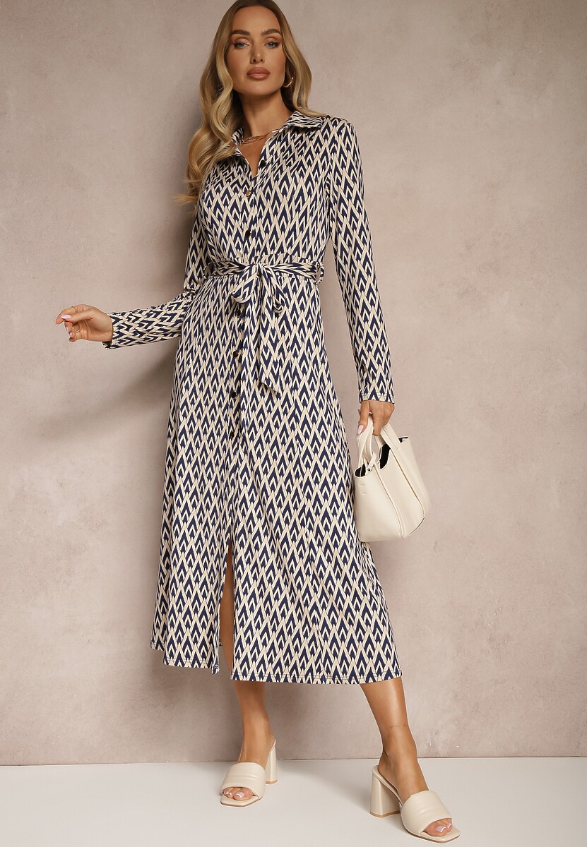 Czarna Koszulowa Sukienka z Wiskozą Geometrycznym Wzorem i Paskiem Milseki