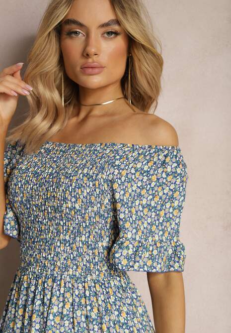 Niebieska Sukienka Hiszpanka z Elastycznym Dekoltem i Rozkloszowanym Dołem z Bawełny Coralinma