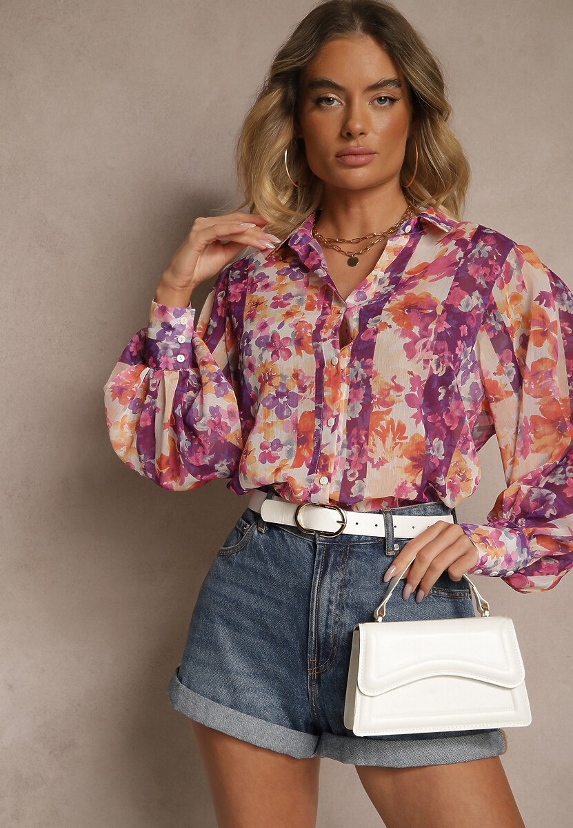 Fioletowa Koszula z Szerokimi Rękawami z Przezroczystej Tkaniny Barias